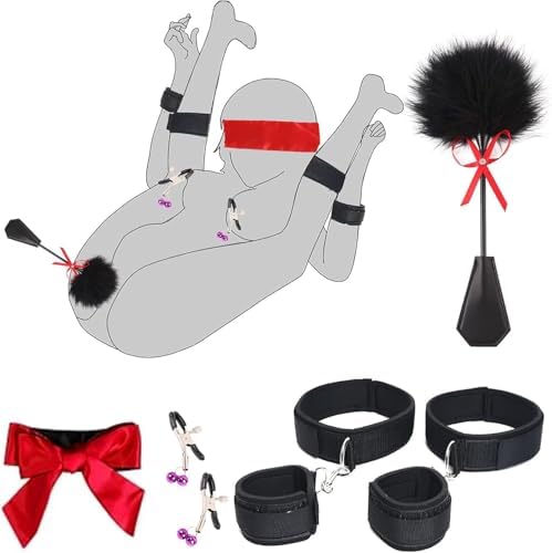 Sex Bondage Wrist & Thigh Cuff Sex Toys, BDSM Restraints Handcuffs Adjustable Set with Feather Tickler Whip, Nipple Clamps and Blindfold, Bondage Gear & Accessories Adult Couples SM Toys for Men Women