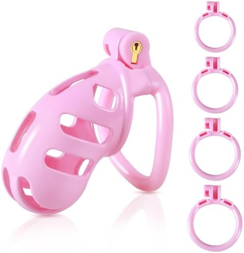 Chastity Cage Cock Cage, Male Chastity Device with 4 Sizes of Rings, 3D Printed Lightweight Resin Male Chastity Cage Hidden Lock Penis Cage Bondage Gear & Accessories Abstinence and Exercise Pink