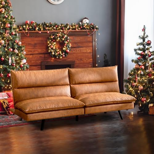 Faux Leather Futon Sofa Bed,Memory Foam Futon Couch,Convertible Armless Futons Set,Small Splitback Loveseat Sleeper Sofa Bed for Living Room,Office,Apartment,Brown