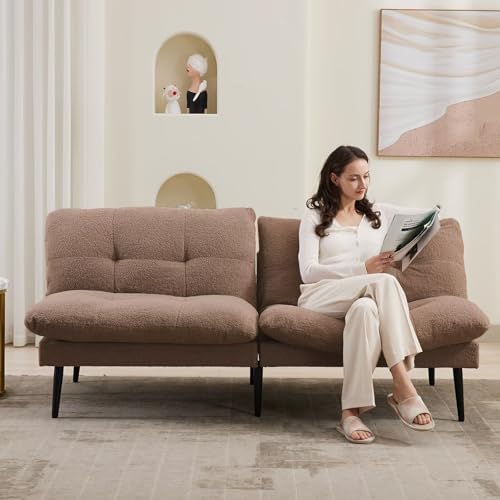 Boucle Futon Sofa Bed Couch, 72" Loveseat Sleeper Sofas, Comfy Futon Couch with Adjustable Backrest, Splitback Small Couches for Living Room, Small Spaces, Apartment, Bedroom, Office, Brown