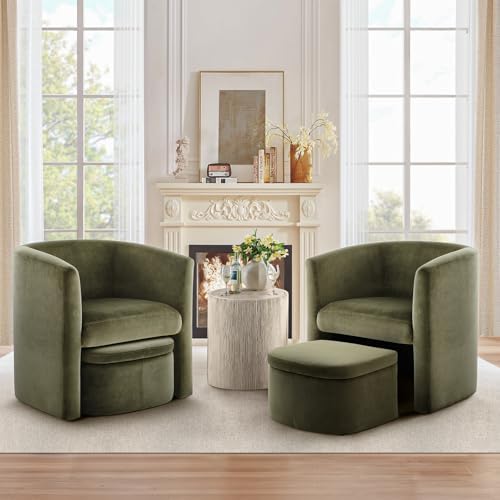 COLAMY Upholstered Velvet Barrel Accent Chair with Storage Ottoman Set of 2, Morden Living Room Side Chair, Single Sofa Armchair with Lounge Seat for Bedroom/Office/Reading Spaces, Green