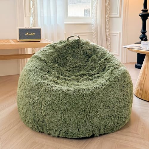 XeGe Faux Fur Comfy Bean Bag Cover, Fluffy Stuffed Animal Storage Bean Bag Chair Cover for Bedroom Home Decor, Furry Fuzzy Big Gaming Bean Bag Cover for Adults Teens Kids Girls, Anti-Slip, Sage Green