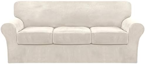 FantasDecor 4 Piece Sofa Velvet Couch Covers for 3 Cushion Stretch Slipcover with Individual Seat Cushion Elastic Furniture Protector for Pets, Machine Washable (Sofa, Ivory)