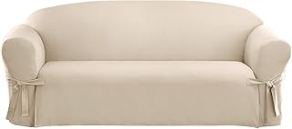 SureFit Home Décor Duck Cotton Solid Sofa Slipcover (Natural Color) - One Piece Full Length Relaxed Sofa Cover with Corner Ties/Machine Washable/Perfect for Protecting Your Favorite Furniture