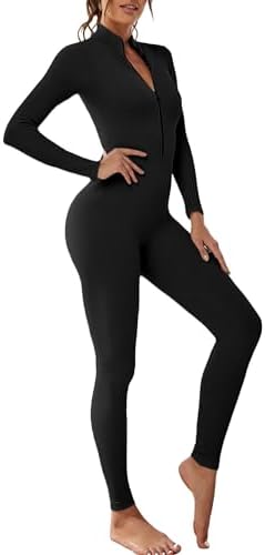 OEAK Womens Ribbed Jumpsuit Yoga Zip Tummy Control Long Sleeve Unitard Casual Romper High Waisted One Piece Workout Bodysuit