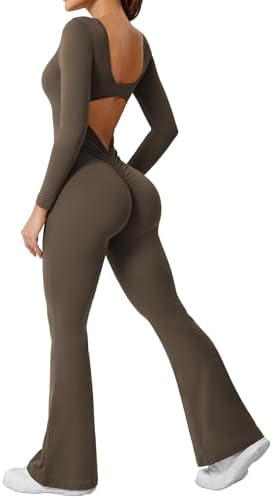 YEOREO One Piece Wide Leg Jumpsuits for Women Workout Long Sleeve Backless Flare Jumpsuit Lizvette Scrunch V Back Yoga Romper