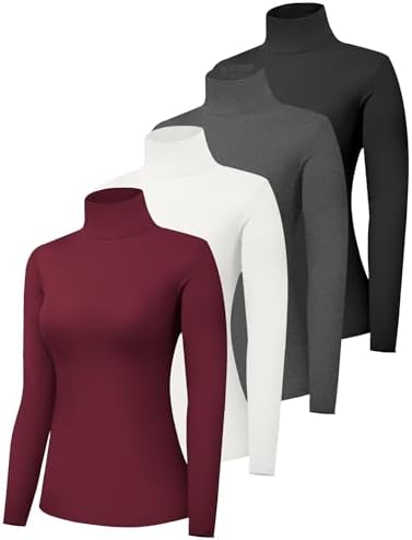 4 Pack Women’s Turtle Neck Long Sleeve Shirts Fall Fashion Turtleneck Baselayer Undershirts Tops Underscrub