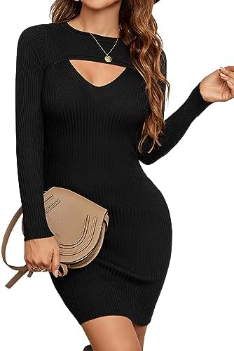 Blooming Jelly Womens Long Sleeve Sweater Dress Sexy Cut Out Bodycon Mini Fall Dress Trendy Ribbed Knit Ladies Winter Sweater