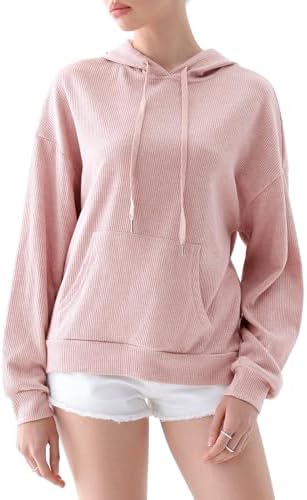PINKMSTYLE Womens Drawstring Lightweight Hoodies Ribbed Knit Long Sleeve Regular Fit Pullover Sweatershirt Fall Outfits 2024