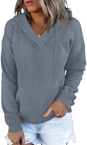AUSELILY Womens Waffle Hoodies Ladies 2024 Sweatshirt Fall Long Sleeve Loose Side Slits Stacked V Neck Tops With Pockets