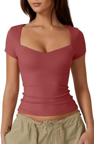 QINSEN Womens Sweetheart Neck Short Sleeve T Shirts Slim Fit Basic Tee Trendy Crop Top
