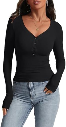 Women's Long Sleeve V Neck Shirt Sexy Henley Slim Fit Tight Going Out Top Ribbed Knit Button Fall Shirt 2024