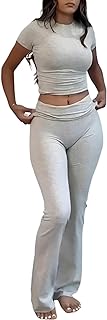 Women's 2 Piece Lounge Outfits Slim Short Sleeve Tops Low Rise Flare Leggings Sets Yoga Sweatsuit