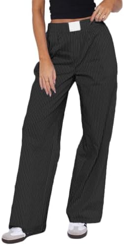 Women Wide Leg Striped Pants Elastic High Waist Y2K Lounge Boxers Pants Pajama Bottom Trousers with Pockets