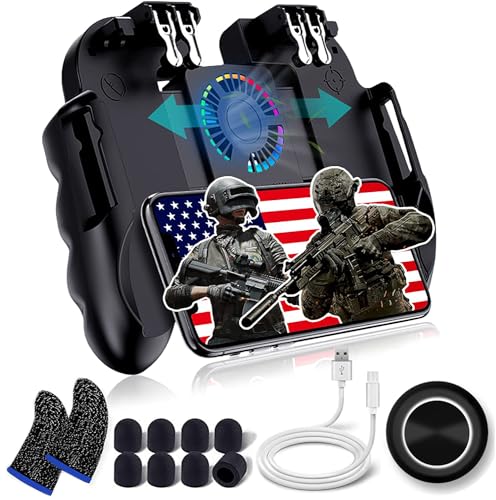 4 Trigger USB Mobile Game Controller with Cooling Fan Adjustable Stand for PUBG/Call of Duty/Fotnite [6 Finger Mode] GAMR+ L1R1 L2R2 Gaming Grip Gamepad