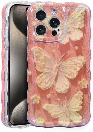 Case for iPhone 14 Pro Max,Retro Oil Painting Phone Case,Wavy Edge Shiny Gloss 3D Looking Butterfly Pattern iPhone 14 Pro Max Case,Sturdy Fit Protective Case for Girls Women,Pink