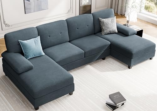 Meilocar Sectional Couches for Living Room, 4 Seat Sofa Set U-Shaped Couch with Double Wide Chaise, 106in Modern Fabric Large Couch with Oversized Seats (Grey)