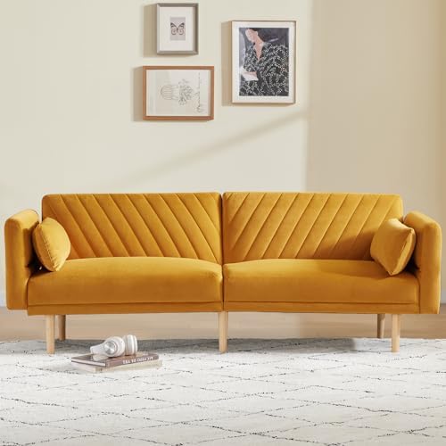 WILLOVE Futon Sofa Bed, 78" Modern Futon Couch, 3 Seater Folding Bed Tufted Couch with Adjustable Backrests and Armrest, Solid Wood Legs for Living Room, Bedroom, Small Room, Ginger