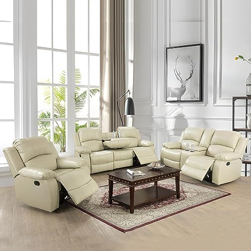 Bonded Leather Living Room Furniture Set Reclining Sofa Set Loveseat Furniture Sets in Living Room Sofa Recliners (3 Pieces, Beige)