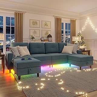 HNEBC Modular Sectional Sofa with Charging Station, Sectional Couches with LED Lights for Living Room, U/L Shaped Couch with Storage Ottoman, 6 Seats Convertible Sofa with Music Sync (Blue)