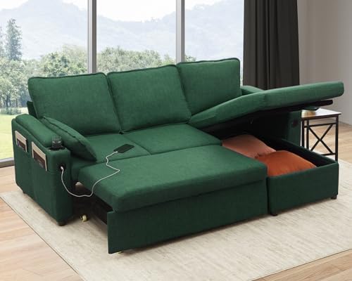 DURASPACE Sofa Bed Sleeper Pull Out 2 in 1 Sectional Sleeper Sofa Couches with Storage,USB, Cup Holder,Pullout Sectional Couches for Apartment Living Room (Green)