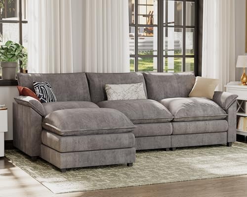 JUMMICO 119” Modular Oversized Sectional Sofa Couch, Modern Wide Arm L-Shaped Couch, Deep Seat and Reversible Ottoman, Sleeper Sofa Chenille Fabric for Living Room, Apartment(Gray, 4-Seat)