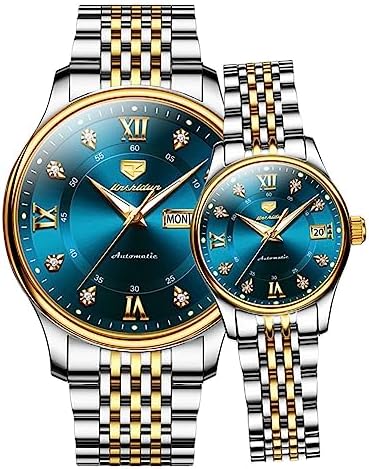 OLEVS Valentines Couple Pair Automatic Watches His and Her Couple Set Diamond Wrist Watch Men and Women Lovers Wedding Romantic Gifts Set of 2