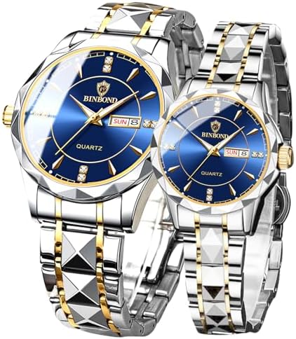 Valentines Couple Pair Watches Men and Women Luminous Calendar Waterproof Gold Silver Stainless Steel Quartz Watch Blue Face his and Hers Watches Set Lovers Set of 2