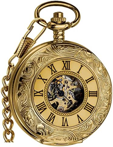 VIGOROSO Men's Pocket Watch with Chain Half Hunter Double Cover Skeleton Mechanical Pocket Watches for Men Dad