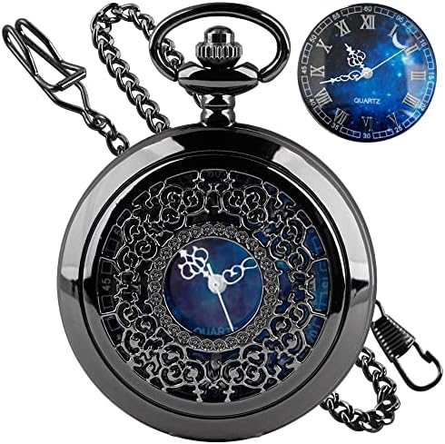 Tiong Pocket Watch Hollow Blue Star Design Roman Numerals Quartz with Chain Christmas Birthday Gifts