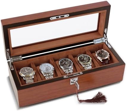 Wood Watch Box for Men, 5-Slot Watch Case with Glass Lid, Watch Cases for Women, Boyfriend, Husband, Him, Dad, Watch Organizer w/Removable Pillows, Watch Display Case Gift