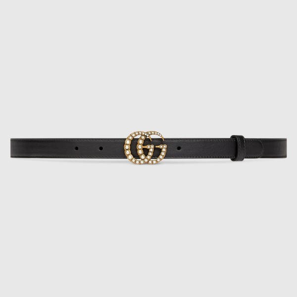 Gucci Black Leather 20MM Belt with Pearl Double G Buckle