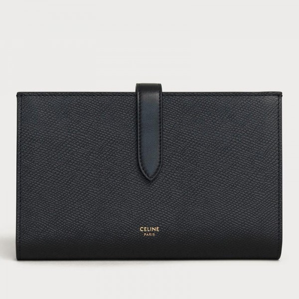 Celine Large Strap Wallet In Black Grained Calfskin